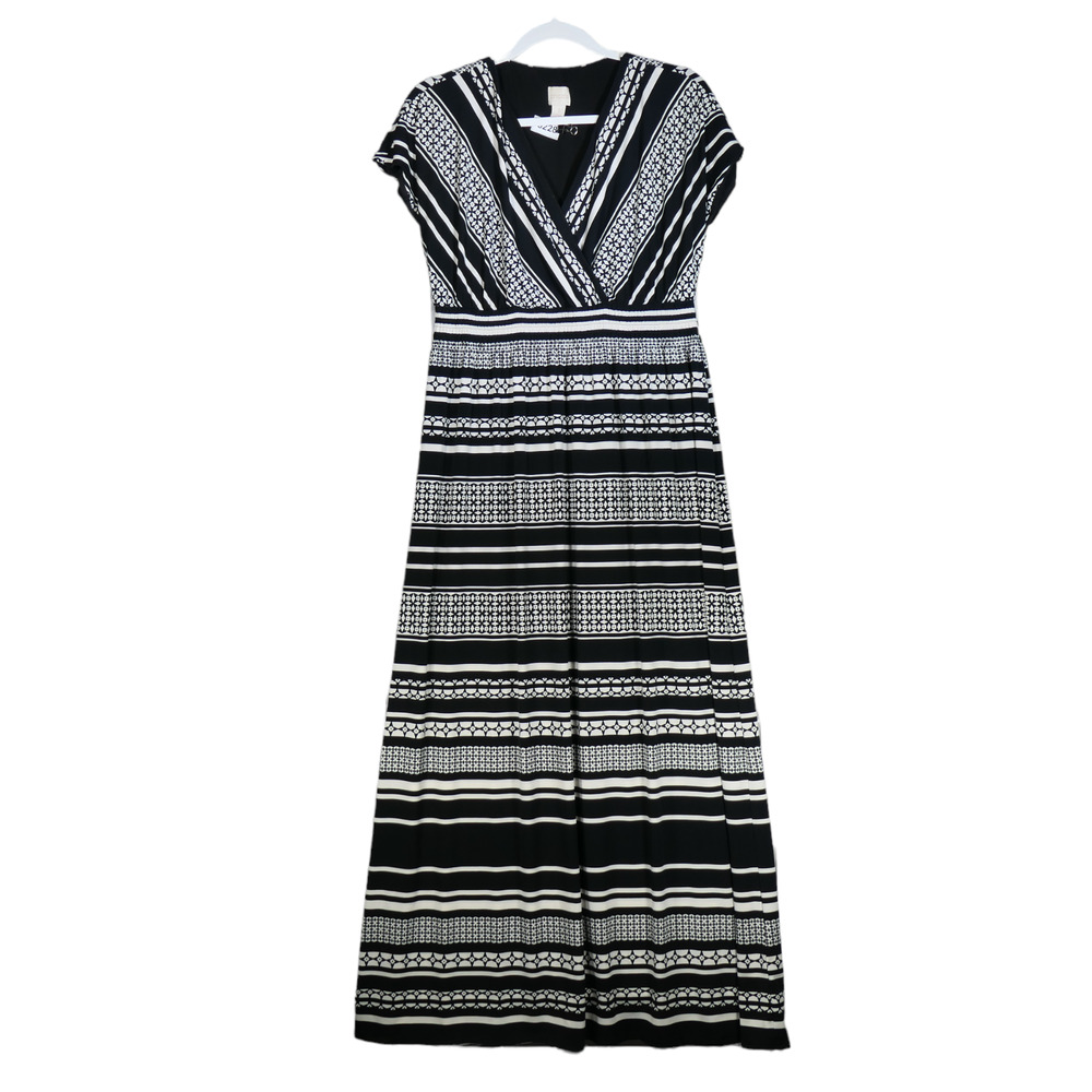 Chicos Maxi Dress Womens Size 1 Small Black White Faux Wrap Stretch Slinky